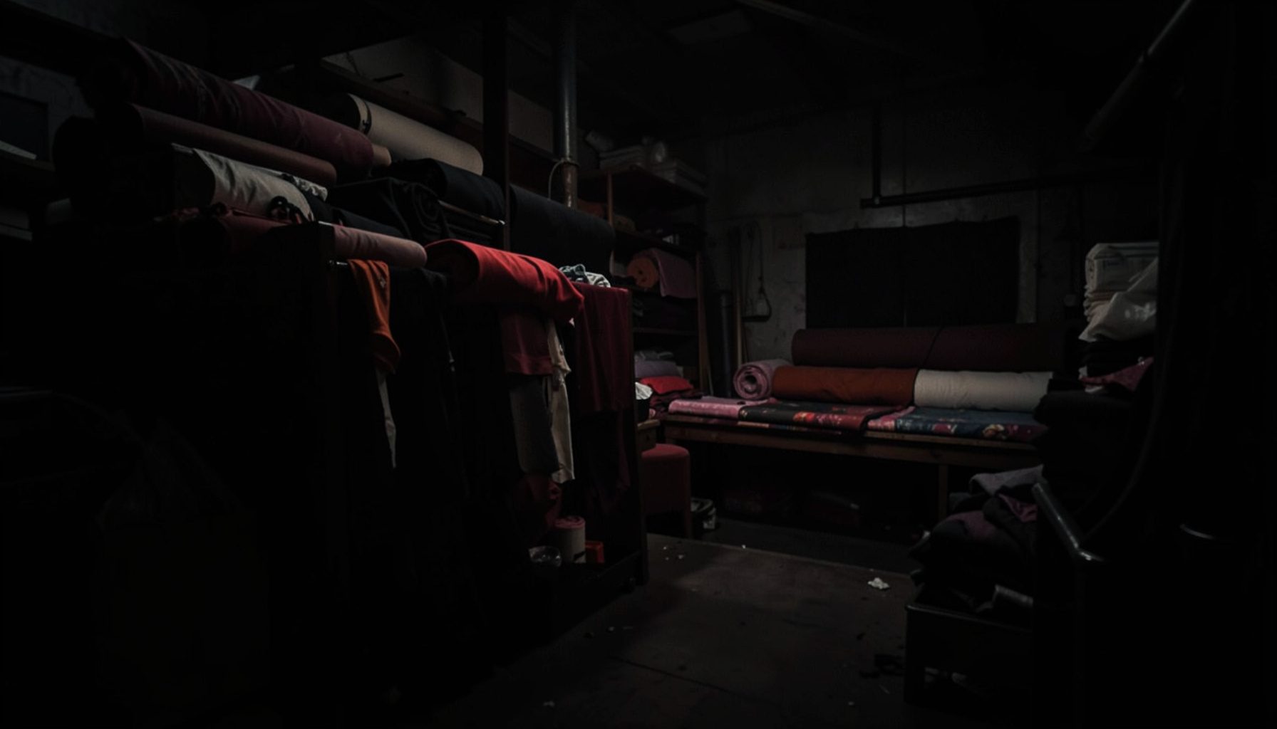 Dark industrial garment workshop with rolls of fabric in deep shadow, moody charcoal and crimson tones