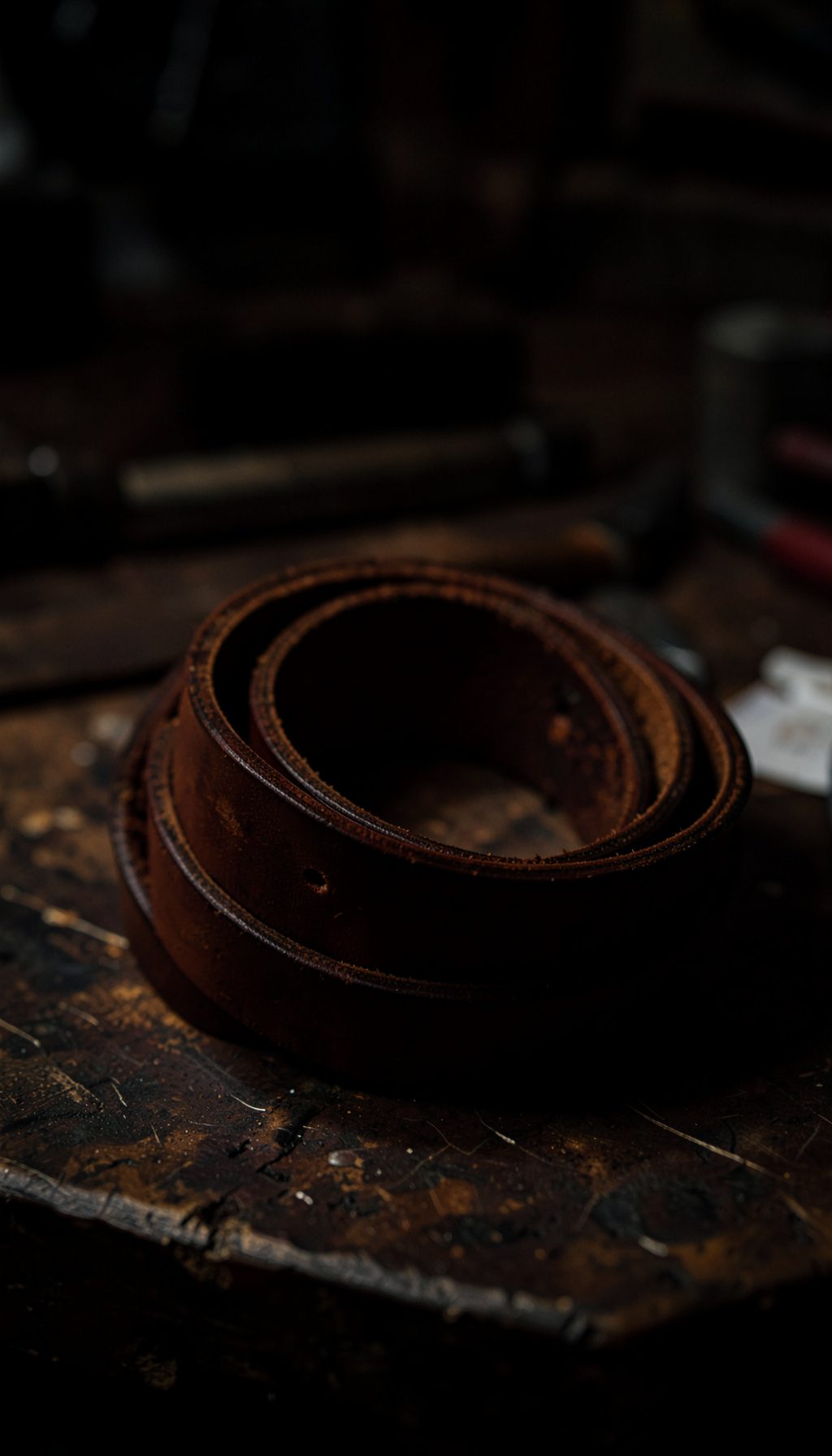 Dark photograph of a leather belt coiled on a workshop bench, rich brown tones and deep shadows