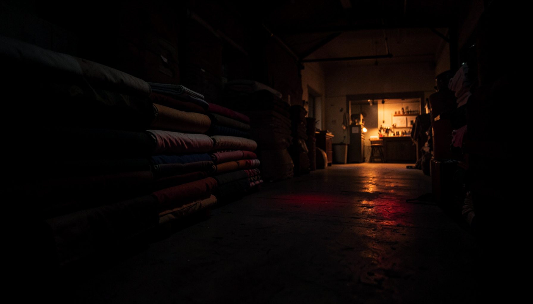 Dark textile factory floor with rolls of fabric stacked in shadow, warm amber light spilling from a distant workstation